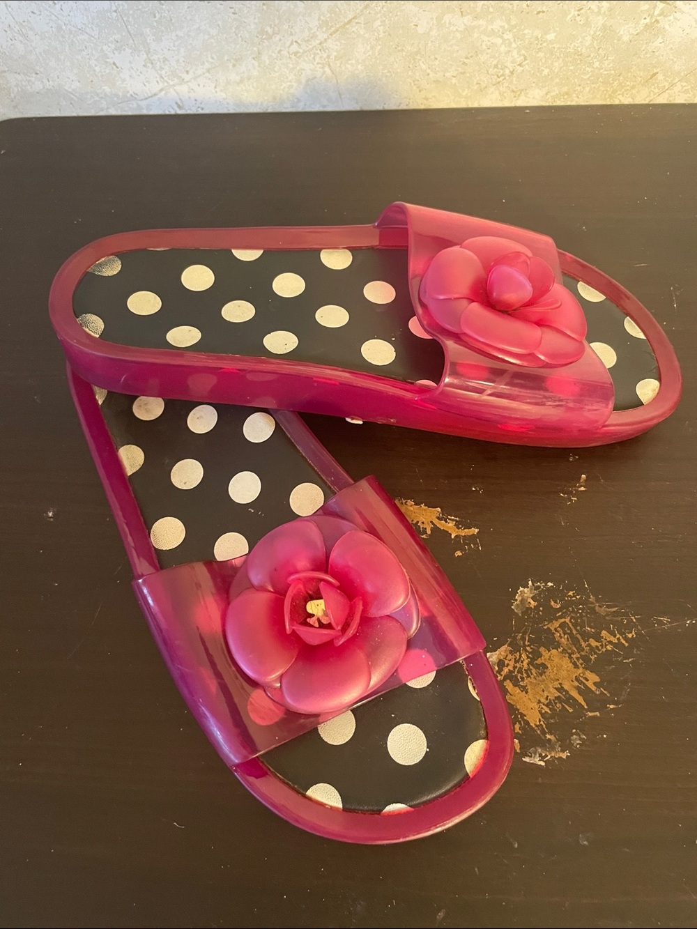 kate spade New York Splash Pink Jelly Slide Floral Sandals Polka Dot Footbed